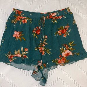 American Eagle women’s dark teal, tropical floral, ruffle hem shorts size MEDIUM